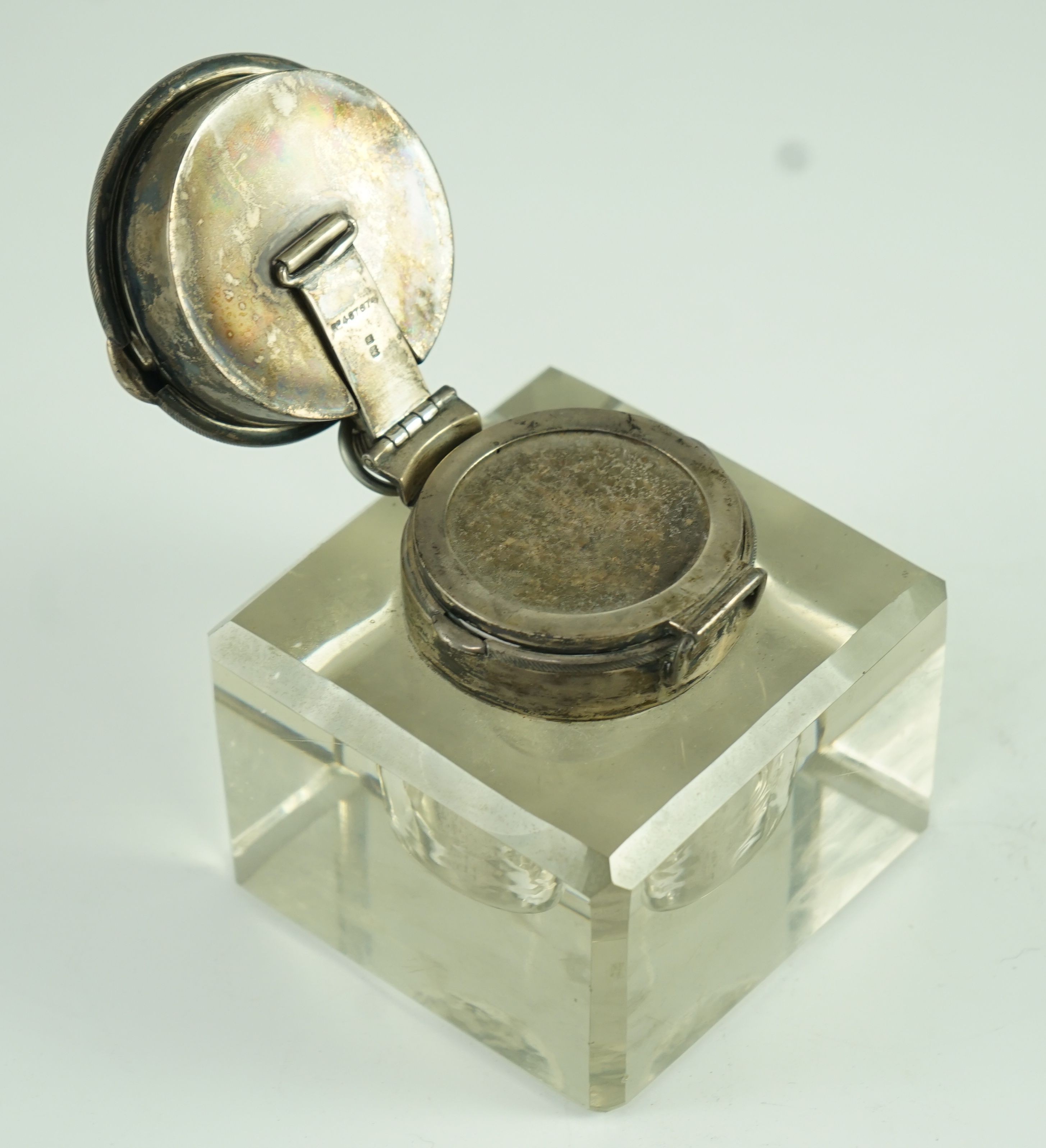 An Edwardian silver mounted glass combination pocket watch holder/inkwell, by John Charles Grinsell